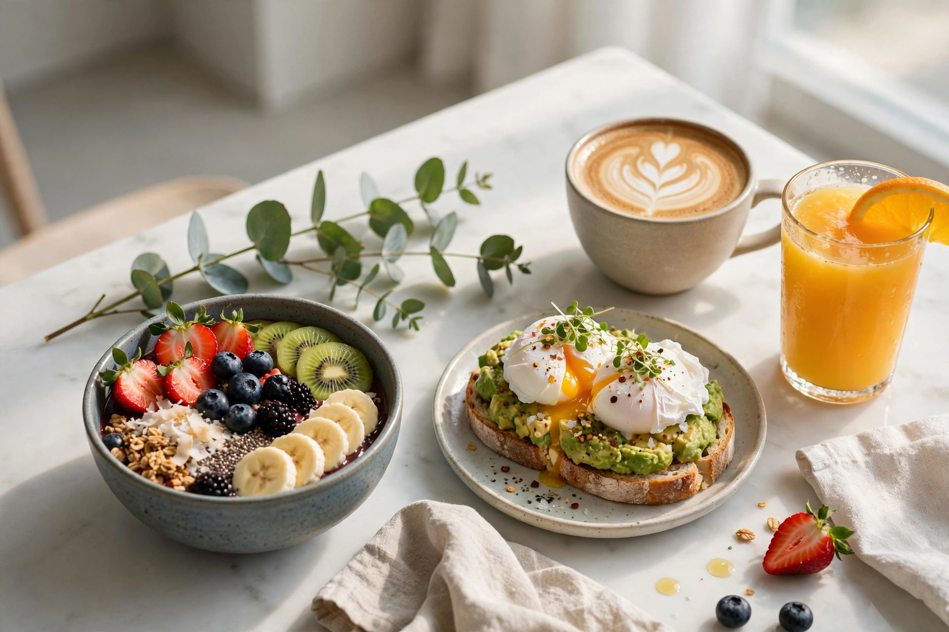 Fresh breakfast at Cafe 21 — acai bowl, avocado toast and flat white in morning light